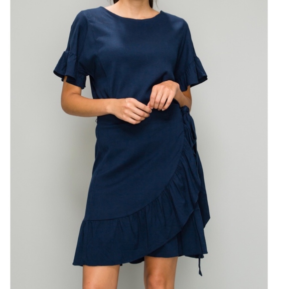 NWT Navy Ruffle Hem Wrap Dress - Picture 3 of 5